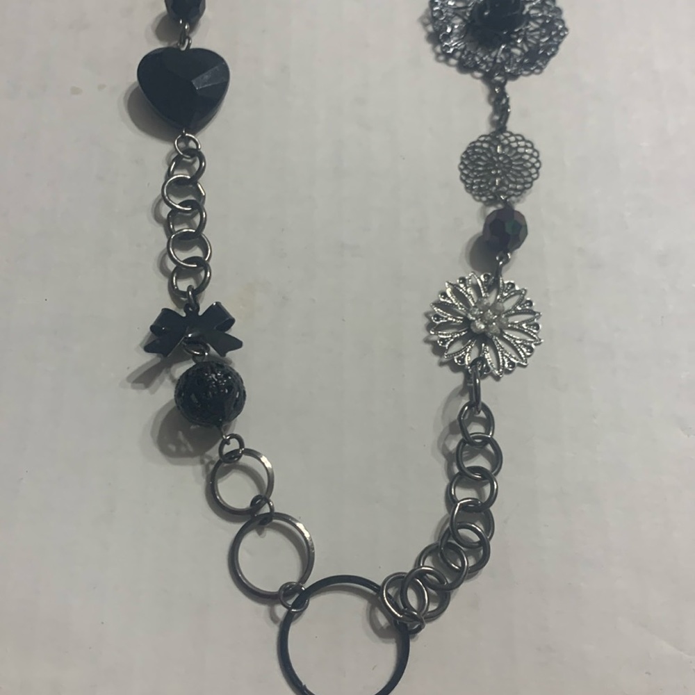 Bows -Heart - Roses set in black & Silver 36 inch necklace